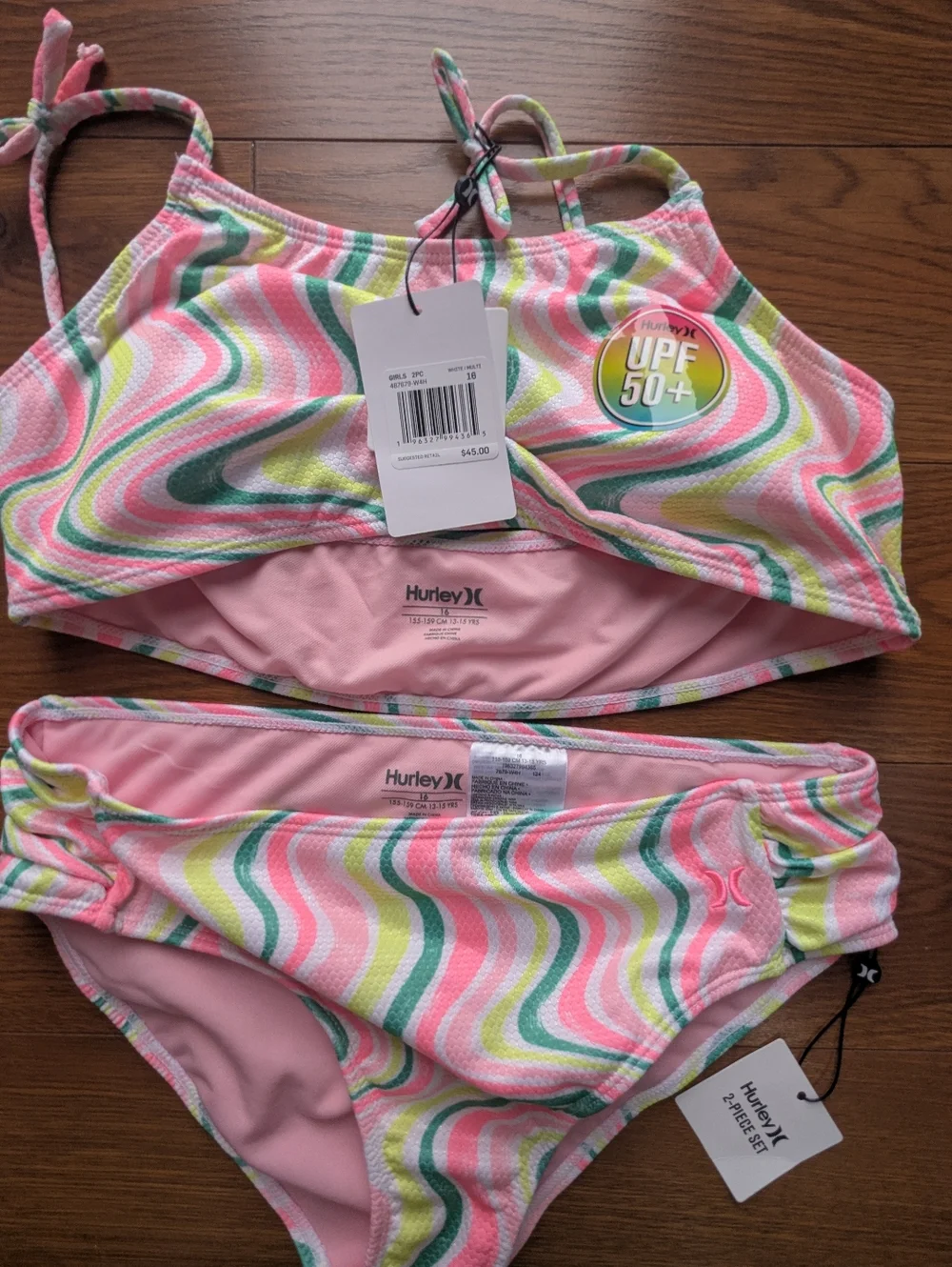 Hurley Girls Honeycomb Bandeau Bikini Set Pink Green White Size 16 NWT